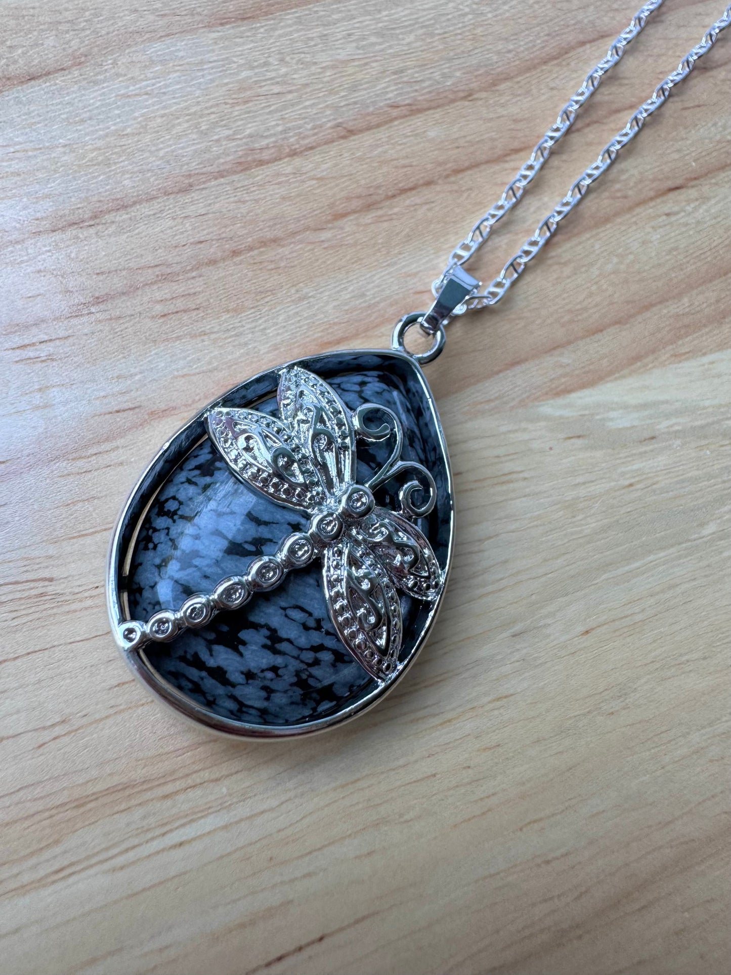 snowflake obsidian dragonfly pendant necklace