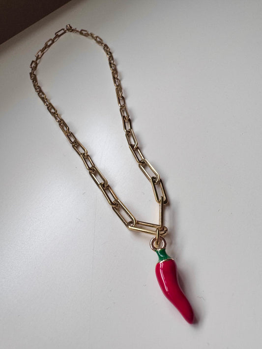 Gold tone link necklace with chilli charm