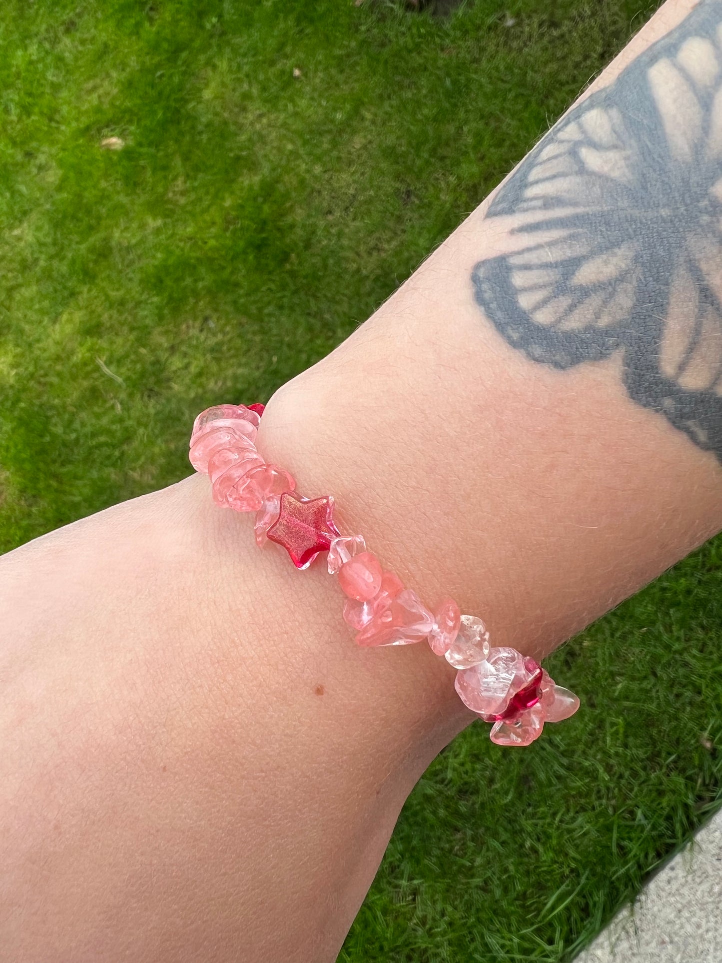 Cherry quartz & stars stretch bracelet