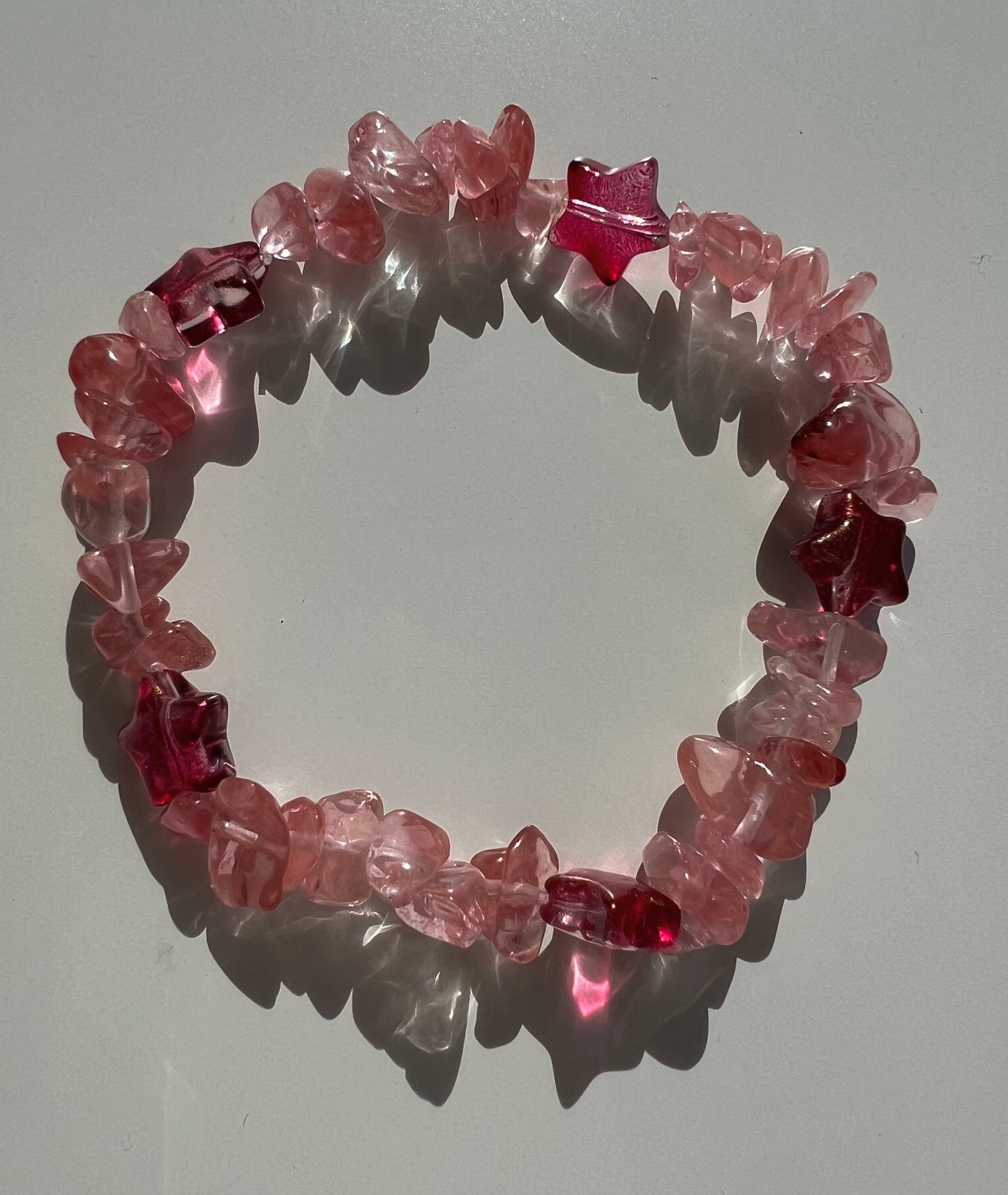 Cherry quartz & stars stretch bracelet