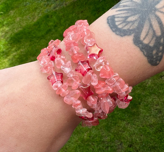 Cherry quartz & stars stretch bracelet