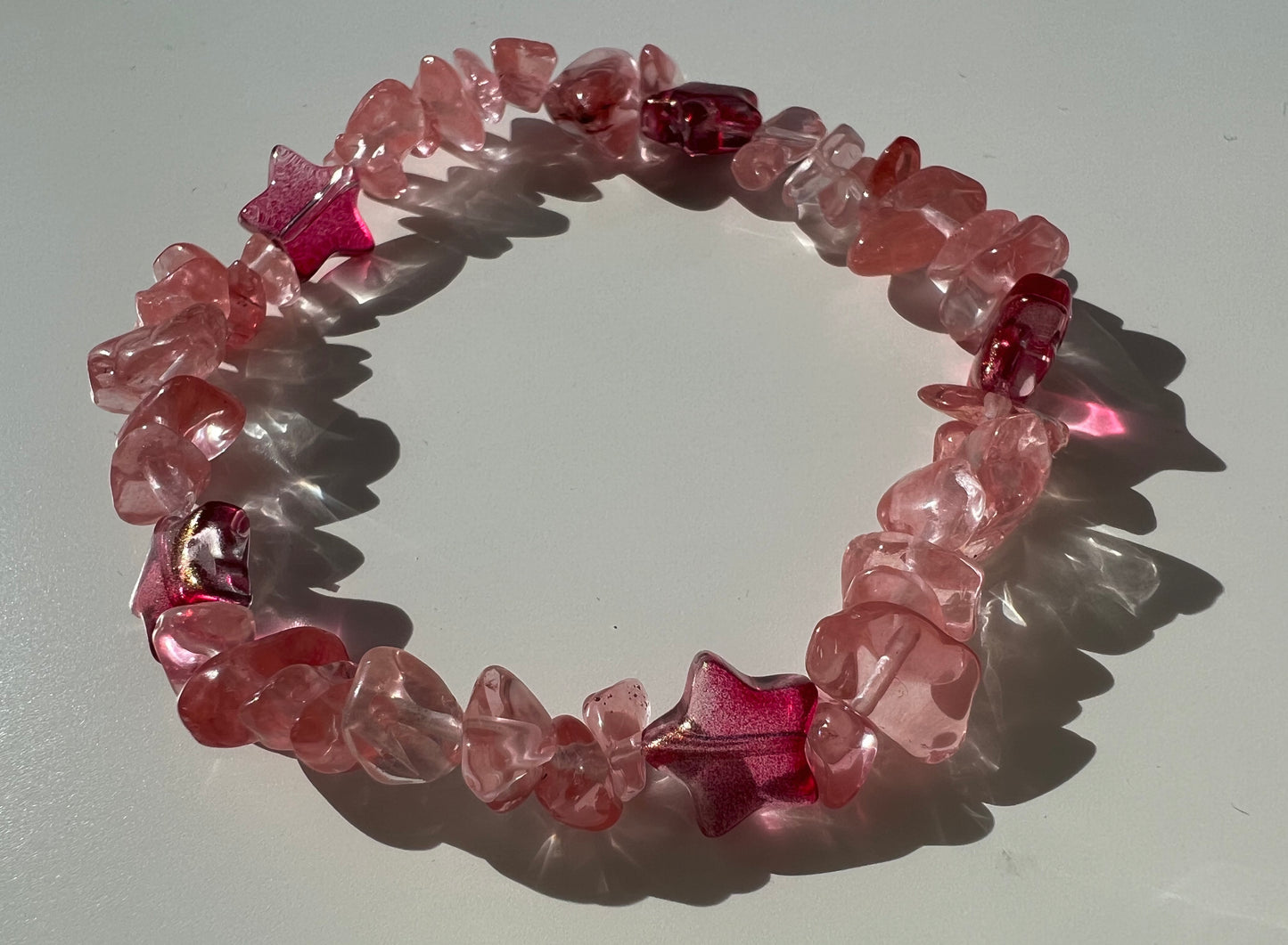 Cherry quartz & stars stretch bracelet